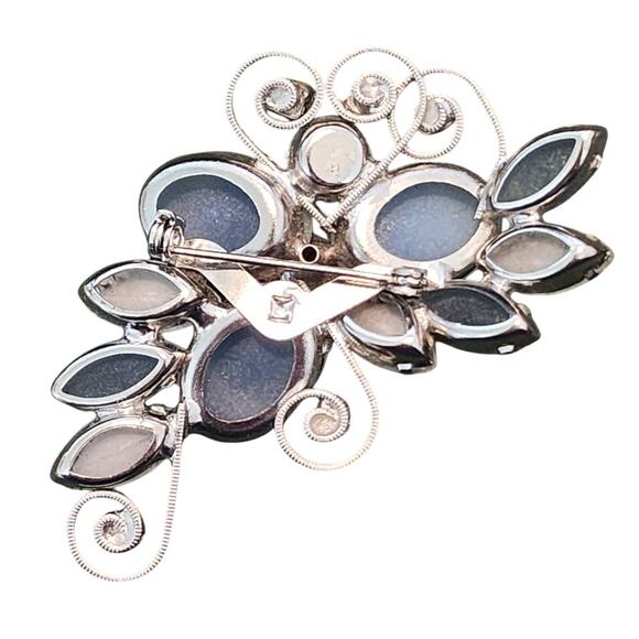 Blue Givre Art Glass & Silver-tone Floral Design Brooch, Vintage - Picture 2 of 4
